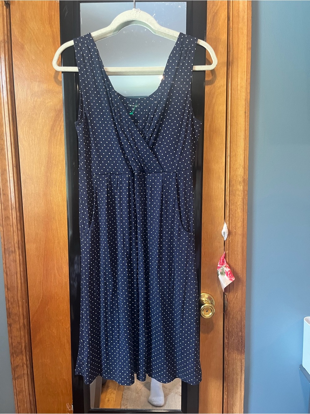 Garnet Hill Navy with White Polka Dot Sleeveless Wrap-Style Midi Dress
